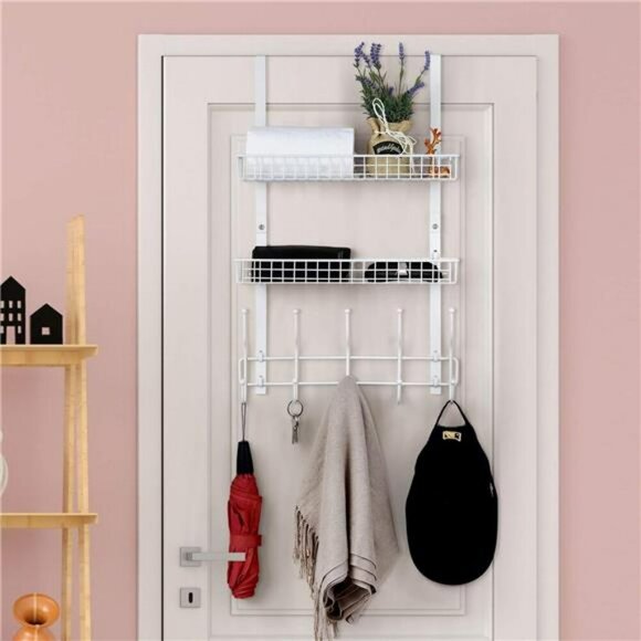 Over The Door Hanging Organizer Rack with Baskets Hooks Metal Storage White - Picture 1 of 7